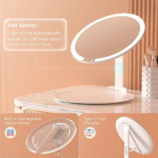 Alt view image 7 of 7 - MILEDUO Travel Makeup Mirror with Lights, 8" Foldable Vanity Mirror with Lights for Travel, 46 LED Dimmable Vanity Mirror Portable Rechargeable Make Up Mirror, 3 Light Colors, Round