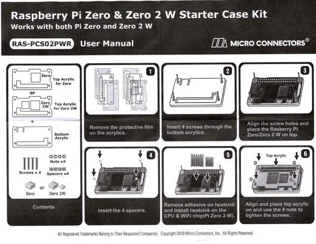 Alt view image 6 of 6 - Micro Connectors Raspberry Pi Zero/2W Starter Acrylic Case Kit with Power Adapter and Cables (RAS-PCS02PWR)