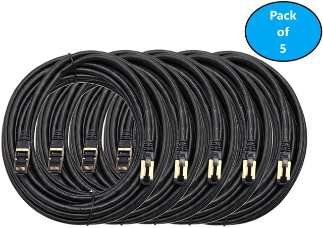 Main image of MICRO CONNECTORS 50 Feet Cat8 SFTP RJ45 Patch 26AWG Cable (Black) 5-Pack