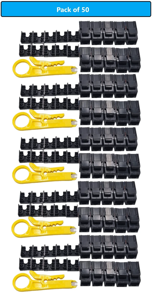 Main image of MICRO CONNECTORS CAT 6A Unshielded Punch Down Keystone Jack with Tool Black 50-Pack (FRT-860B50-T)