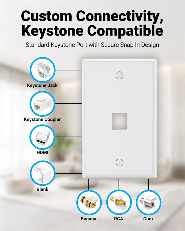 Alt view image 2 of 4 - MICRO CONNECTORS 10-Pack 1-Gang White Keystone Plastic Wall Plate 1-Port and 10 Cat 6A RJ45 Keystone Jacks Black (FRT-1P860B-10)