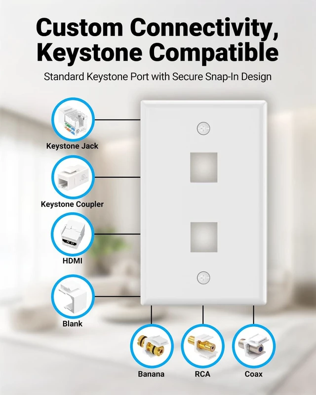 Alt view image 2 of 4 - MICRO CONNECTORS 10-Pack 1-Gang White Keystone Plastic Wall Plate 2-Port and 10 Cat 6A RJ45 Keystone Jacks Black (FRT-2P860B-10)