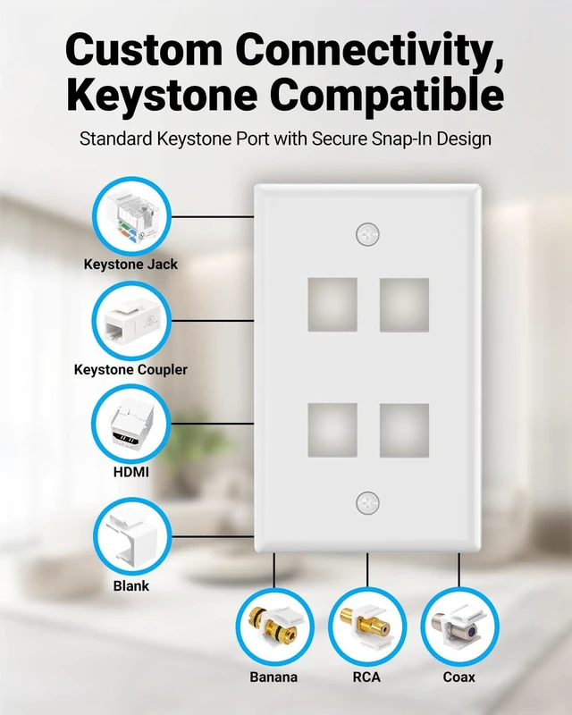 Alt view image 2 of 4 - MICRO CONNECTORS 10-Pack 1-Gang White Keystone Plastic Wall Plate 4-Port and 10 Cat 6A RJ45 Keystone Jacks Black (FRT-4P860B-10)