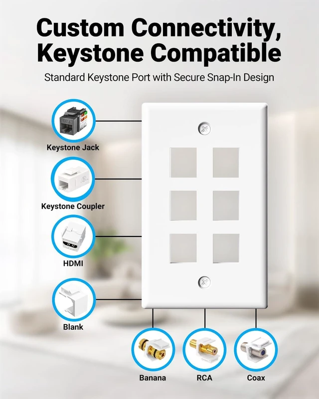 Alt view image 2 of 4 - MICRO CONNECTORS 10-Pack 1-Gang White Keystone Plastic Wall Plate 6-Port and 10 Cat 6A RJ45 Keystone Jacks Black (FRT-6P860B-10)