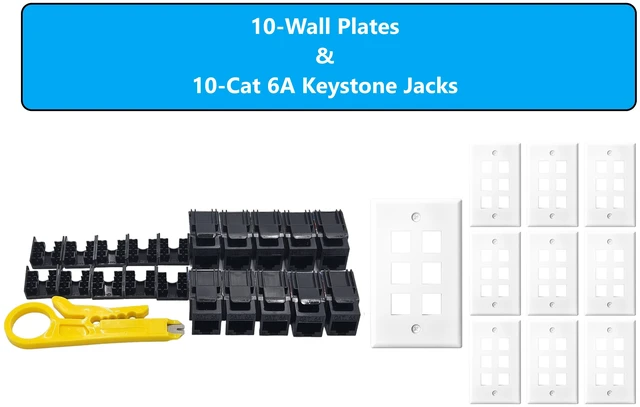 Main image of MICRO CONNECTORS 10-Pack 1-Gang White Keystone Plastic Wall Plate 6-Port and 10 Cat 6A RJ45 Keystone Jacks Black (FRT-6P860B-10)