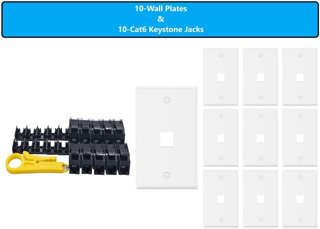 Main image of MICRO CONNECTORS 10-Pack 1-Gang White Keystone Plastic Wall Plate 1-Port and 10 Cat 6 RJ45 Keystone Jacks Black (FRT-1P840B-10)