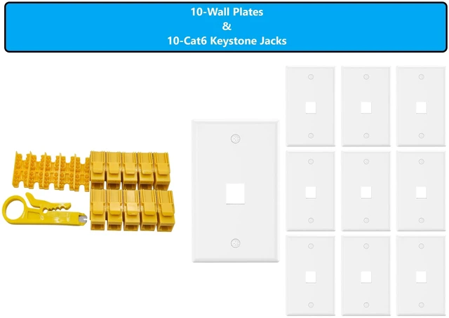 Main image of MICRO CONNECTORS 10-Pack 1-Gang White Keystone Plastic Wall Plate 1-Port and 10 Cat 6 RJ45 Keystone Jacks Yellow (FRT-1P840Y-10)