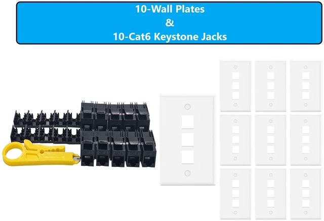 Main image of MICRO CONNECTORS 10-Pack 1-Gang White Keystone Plastic Wall Plate 3-Port and 10 Cat 6 RJ45 Keystone Jacks Black (FRT-3P840B-10)