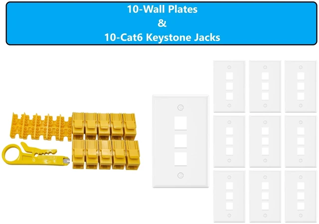 Main image of MICRO CONNECTORS 10-Pack 1-Gang White Keystone Plastic Wall Plate 3-Port and 10 Cat 6 RJ45 Keystone Jacks Yellow (FRT-3P840Y-10)