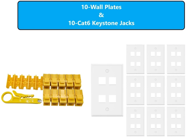 Main image of MICRO CONNECTORS 10-Pack 1-Gang White Keystone Plastic Wall Plate 4-Port and 10 Cat 6 RJ45 Keystone Jacks Yellow (FRT-4P840Y-10)