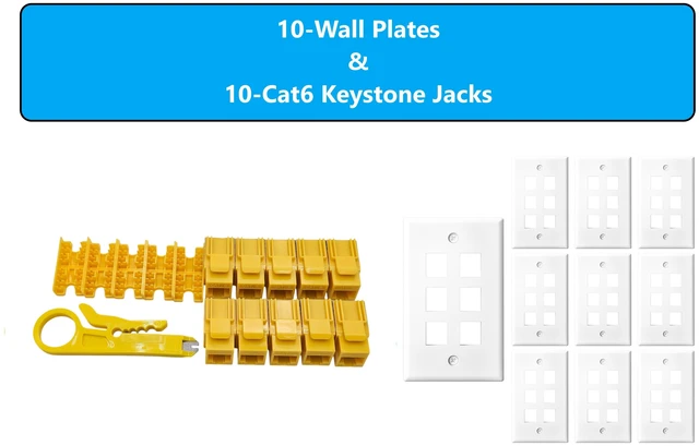 Main image of MICRO CONNECTORS 10-Pack 1-Gang White Keystone Plastic Wall Plate 6-Port and 10 Cat 6 RJ45 Keystone Jacks Yellow (FRT-6P840Y-10)
