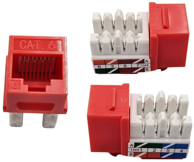 Alt view image 3 of 4 - MICRO CONNECTORS 10-Pack 1-Gang White Keystone Plastic Wall Plate 6-Port and 10 Cat 6 RJ45 Keystone Jacks Red (FRT-6P840R-10)