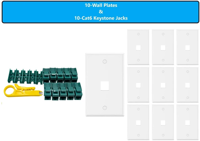 Main image of MICRO CONNECTORS 10-Pack 1-Gang White Keystone Plastic Wall Plate 1-Port and 10 Cat 6 RJ45 Keystone Jacks Green (FRT-1P840G-10)