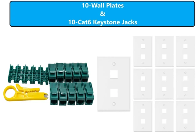 Main image of MICRO CONNECTORS 10-Pack 1-Gang White Keystone Plastic Wall Plate 2-Port and 10 Cat 6 RJ45 Keystone Jacks Green (FRT-2P840G-10)