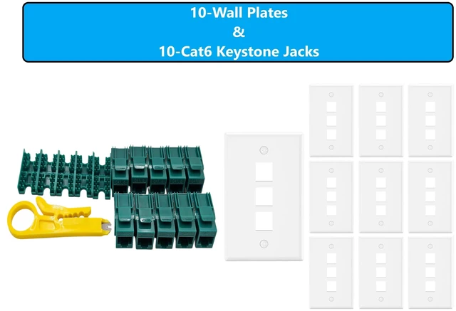 Main image of MICRO CONNECTORS 10-Pack 1-Gang White Keystone Plastic Wall Plate 3-Port and 10 Cat 6 RJ45 Keystone Jacks Green (FRT-3P840G-10)