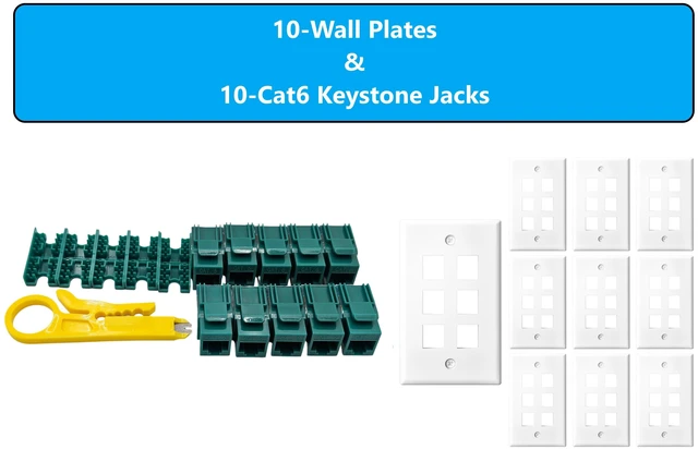 Main image of MICRO CONNECTORS 10-Pack 1-Gang White Keystone Plastic Wall Plate 6-Port and 10 Cat 6 RJ45 Keystone Jacks Green (FRT-6P840G-10)