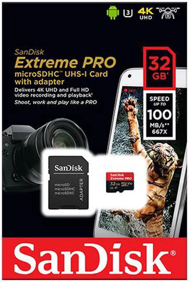 Alt view image 3 of 8 - Sandisk A1 32GB Extreme PRO micro SDHC Card + Adapter 100MB/s V30 UHS-I U3