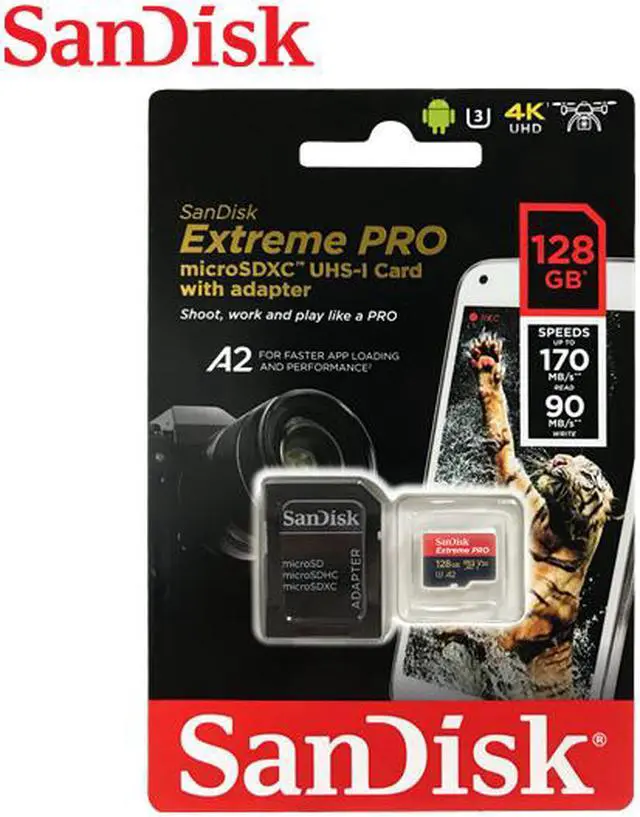 Alt view image 4 of 4 - SanDisk 128GB Extreme Pro microSDXC V30 A2 UHS-I/U3 CL10 TF Memory Card with Adapter, Speed Up to 170MB/s 90W SDSQXCY-128G