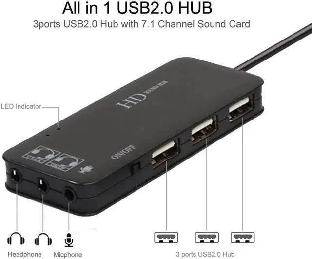 Alt view image 5 of 5 - 3 Port Usb 2.0 Hub External 7.1Ch Sound Card Headset Microphone Adapter For Pc Black