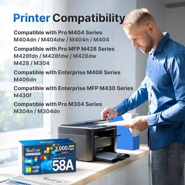 Alt view image 2 of 6 - Valuetoner 58A Toner (with Chip) Compatible for HP 58A Toner Cartridge Black CF258A for HP 58X CF258X Work with HP Laserjet Pro MFP M428fdw M404dn M404n M404dw M428fdn M430f M406dn Printer (2-Black)