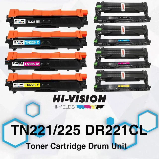 Alt view image 2 of 7 - 8-Pack (Toner & Drum) HI-Vision Compatible TN221 TN225 Toner Cartridge Plus DR221CL DR221 Drum Unit Replacement for TN-221 TN-225 DR-221 DR-221CL HL-3140cw HL-3180CD MFC-9330cdw DCP-9020CDN Printer