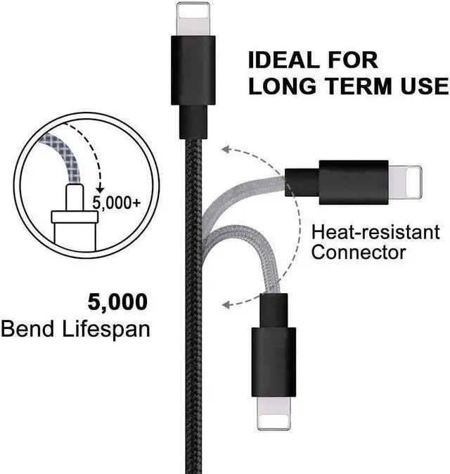 Alt view image 2 of 6 - Compatible Phone Cable [2Pack] 4FT Nylon Braided Fast Charging USB Cord Replcement for Phone X 8 8 Plus 7 7 Plus 6s 6s Plus 6 6 Plus 5 5S 5C SE Pad Air Mini and More (2 Pack Black 4 FT)