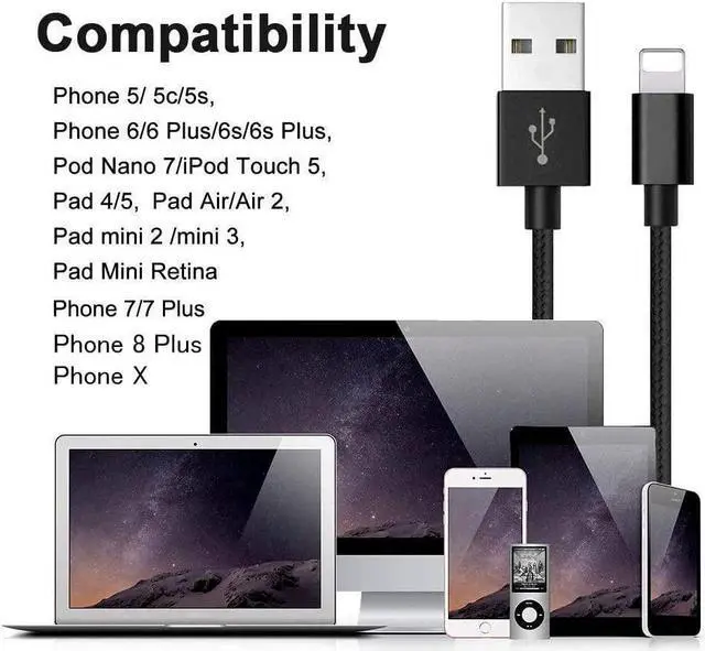 Alt view image 6 of 6 - Compatible Phone Cable [2Pack] 4FT Nylon Braided Fast Charging USB Cord Replcement for Phone X 8 8 Plus 7 7 Plus 6s 6s Plus 6 6 Plus 5 5S 5C SE Pad Air Mini and More (2 Pack Black 4 FT)