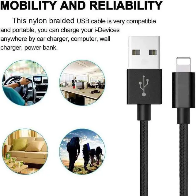 Alt view image 5 of 6 - Compatible Phone Cable [2Pack] 4FT Nylon Braided Fast Charging USB Cord Replcement for Phone X 8 8 Plus 7 7 Plus 6s 6s Plus 6 6 Plus 5 5S 5C SE Pad Air Mini and More (2 Pack Black 4 FT)