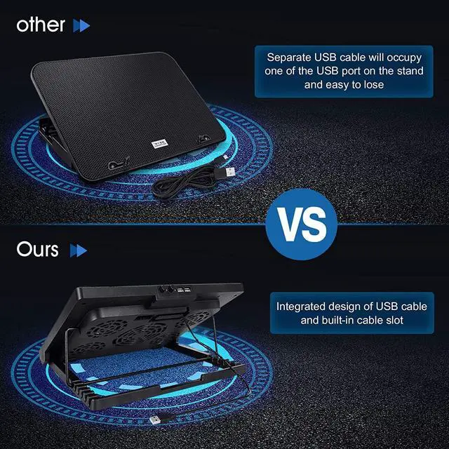 Alt view image 5 of 7 - Kootek Laptop Cooling Pad 12-17 Cooler Pad Chill Mat 5 Quiet Fans LED Lights and 2 USB 2.0 Ports Adjustable Mounts Laptop Stand Height Angle Blue