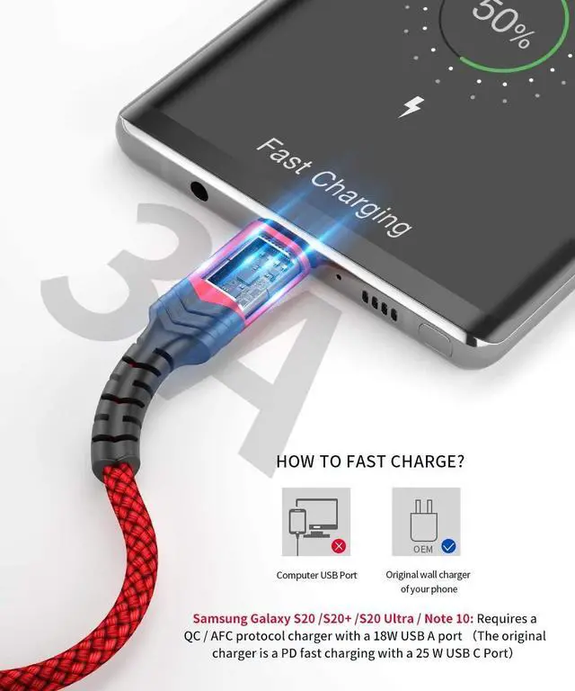 Alt view image 3 of 7 - USB Type C Cable 3A Fast Charging [2-Pack 3.3ft] JSAUX USB-A to USB-C Charge Braided Cord Compatible with Samsung Galaxy S10 S9 S8 S20 Plus A51 A11Note 10 9 8 PS5 Controller USB C Charger(Red)