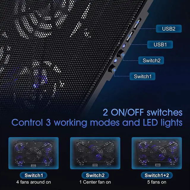 Alt view image 3 of 7 - Kootek Laptop Cooling Pad 12-17 Cooler Pad Chill Mat 5 Quiet Fans LED Lights and 2 USB 2.0 Ports Adjustable Mounts Laptop Stand Height Angle Blue
