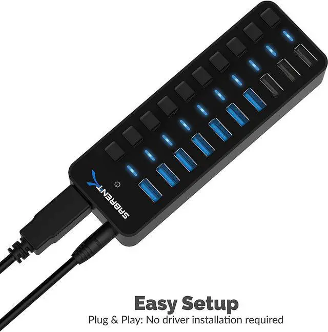 Alt view image 7 of 7 - SABRENT 10-Port USB 3.0 Hub, Individual Power Switches and LEDs, 3 Smart Charging Ports, 60W Power Adapter, for PC, Mac, Xbox, PS5, Laptop, Desktop, USB Devices (HB-B7C3)