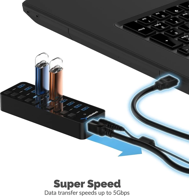 Alt view image 5 of 7 - SABRENT 10 Port USB hub 3.2x1 with Power Adapter 60W, usb3 Fast Powered Data hub, Multiple USB Splitter, USB Docking Station, multiport hubs, LEDs on/Off Switch Compatible with pc Laptop MacBook iMac