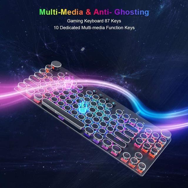 STOGA Typewriter Gaming Keyboard Mechanical with RGB Backlit Knobs 87 Keys  Blue Switch Media Control Retro Round Keys Black Gaming Keyboards 