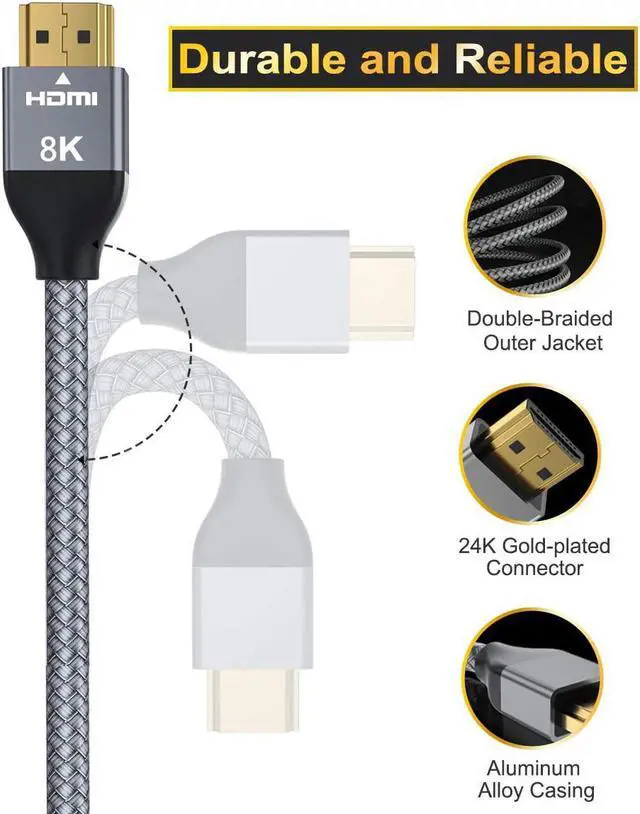 Alt view image 2 of 7 - 8K 60Hz HDMI Cable 10FT (2 Pack)48Gbps 7680P Ultra High Speed HDMI 2.1 Cord for Apple TVRokuSamsung QLEDSony LG PlaystationPS5PS4Xbox One Series XHDMI 2.0/4K 120Hz Compatible