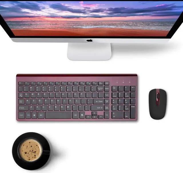 Alt view image 6 of 6 - Wireless Keyboard Mouse Combo Cimetech Compact Full Size Wireless Keyboard and Mouse Set 2.4G Ultra-Thin Sleek Design for Windows Computer Desktop PC Notebook - (Wine red)