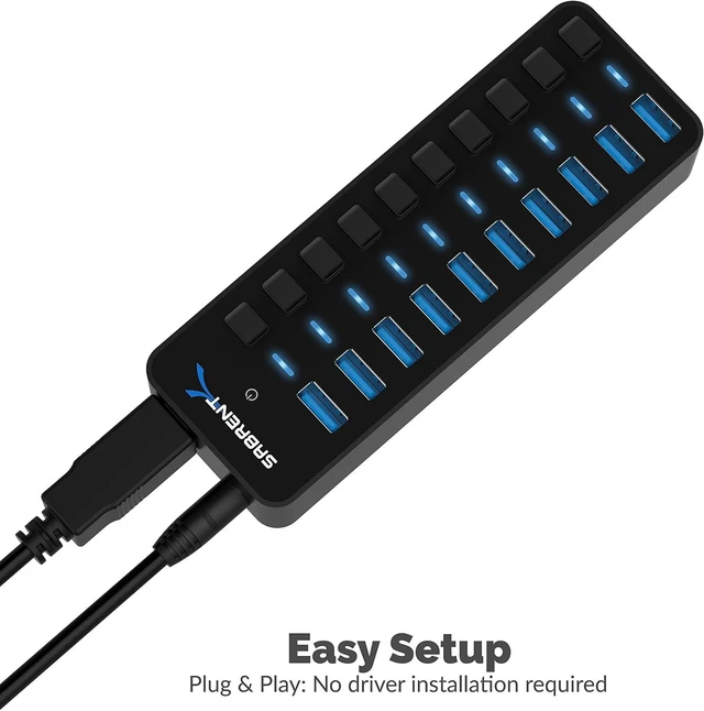 Alt view image 3 of 7 - SABRENT 10 Port USB hub 3.2x1 with Power Adapter 60W, usb3 Fast Powered Data hub, Multiple USB Splitter, USB Docking Station, multiport hubs, LEDs on/Off Switch Compatible with pc Laptop MacBook iMac