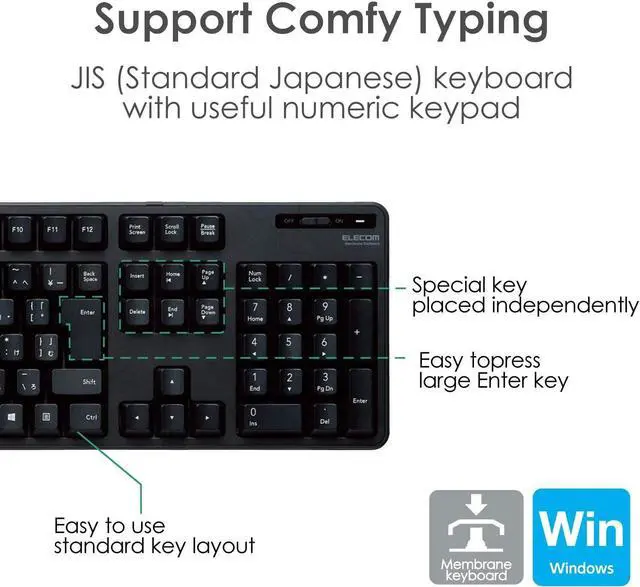 Alt view image 2 of 7 - ELECOM Japanese Layout USB 2.4GHz Wireless Basic Keyboard for Computer and Laptop, 109 Keys, Full-Size with Numeric Keypad, Quiet and Compact, Foldable Stand, Windows Mac (TK-FDM106TBK)