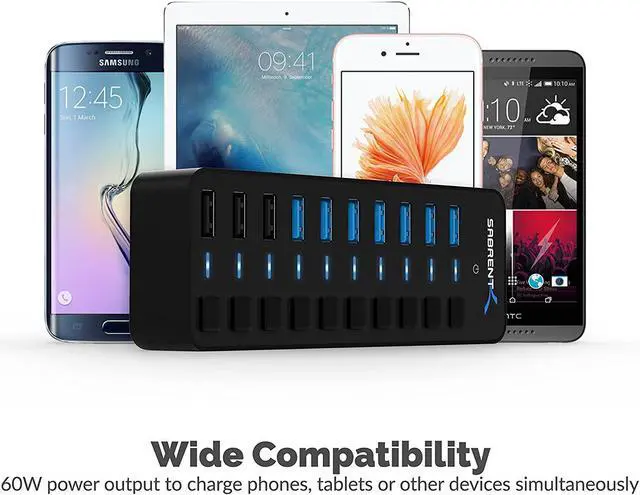 Alt view image 4 of 7 - SABRENT 10-Port USB 3.0 Hub, Individual Power Switches and LEDs, 3 Smart Charging Ports, 60W Power Adapter, for PC, Mac, Xbox, PS5, Laptop, Desktop, USB Devices (HB-B7C3)