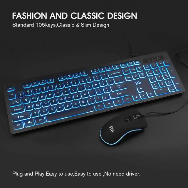 Alt view image 3 of 7 - Rii Three Colors Backlit Keyboard and Mouse, Wired Keyboard and Mouse Combo, USB Keyboard and Mouse Set,Quiet Input Gaming Keyboard,Optical RGB Mouse for School,Office,Business and Gaming