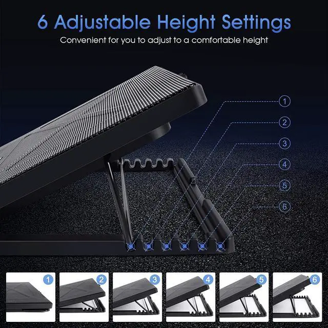 Alt view image 4 of 7 - Kootek Laptop Cooling Pad 12-17 Cooler Pad Chill Mat 5 Quiet Fans LED Lights and 2 USB 2.0 Ports Adjustable Mounts Laptop Stand Height Angle Blue