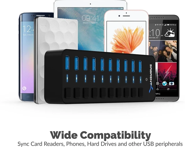 Alt view image 4 of 7 - SABRENT 10 Port USB hub 3.2x1 with Power Adapter 60W, usb3 Fast Powered Data hub, Multiple USB Splitter, USB Docking Station, multiport hubs, LEDs on/Off Switch Compatible with pc Laptop MacBook iMac