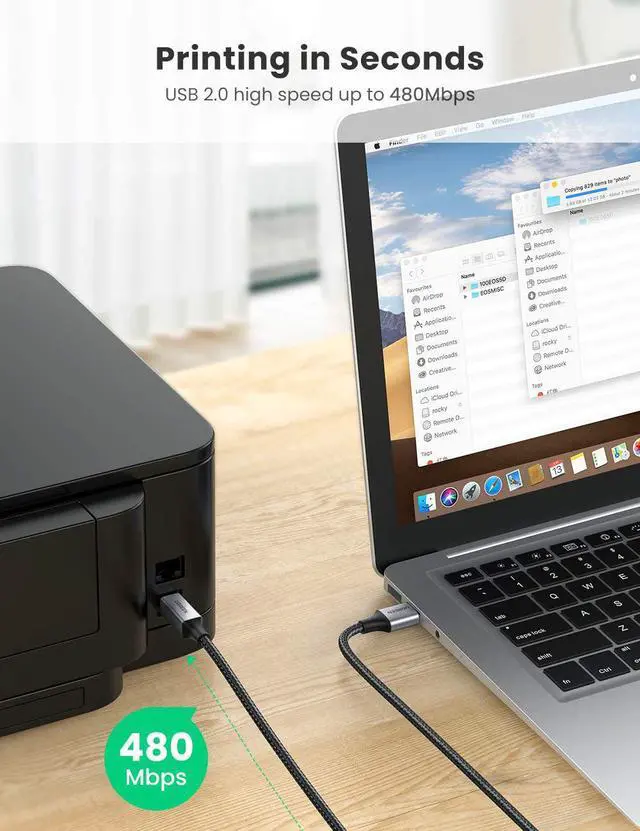 Alt view image 3 of 7 - UGREEN USB Printer Cable, 10 FT USB 2.0 A-Male to B-Male Cord High-Speed Scanner Cord Nylon Braided Compatible with HP, Epson, Canon, Dell, Brother, Lexmark, Xerox, Samsung, Piano, DAC and More