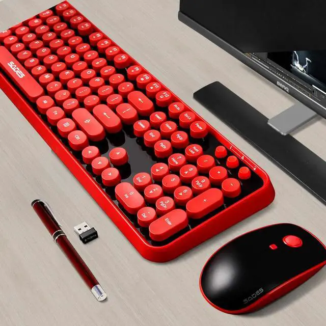 Alt view image 5 of 7 - 2.4GHz Wireless Typewriter Keyboard with 104 Cute Retro Round Keys, Letton Full Size Wireless Keyboard and Mouse Combo with 3 DPI for Computer Mac PC Laptop-Black/Red