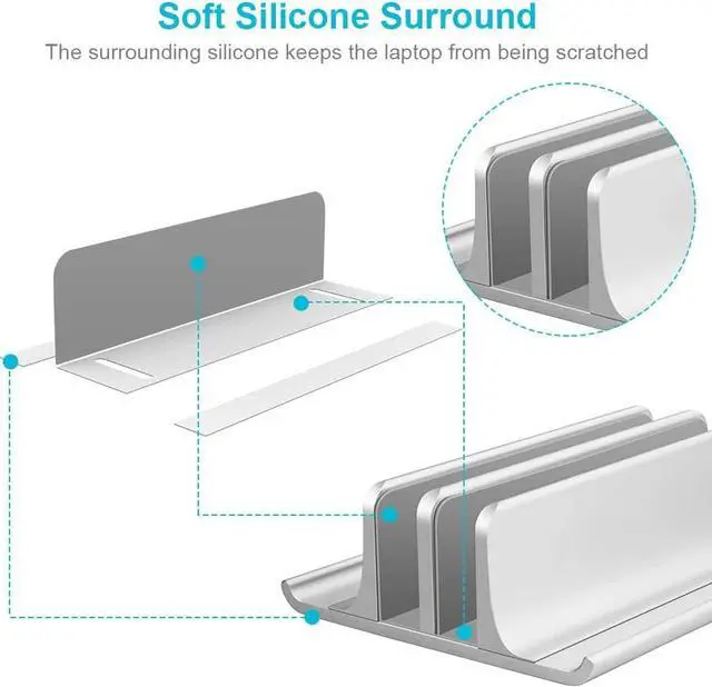 Alt view image 4 of 7 - VAYDEER Double-Slot Adjustable Vertical Laptop Stand Newly Designed 2 Slot Aluminum Desktop Holder for All MacBook/Chromebook/Surface/Dell/iPad Up to 17.3 Inches - Silver