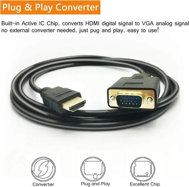 Alt view image 7 of 7 - HDMI to VGA Cable 1080P HDMI Male to VGA Male M/M Video Converter Cord VGA Adapter Compatible w/HDMI Desktop Laptop DVD to 15 Pin D-SUB VGA HDTV Monitor Projector - 6Feet