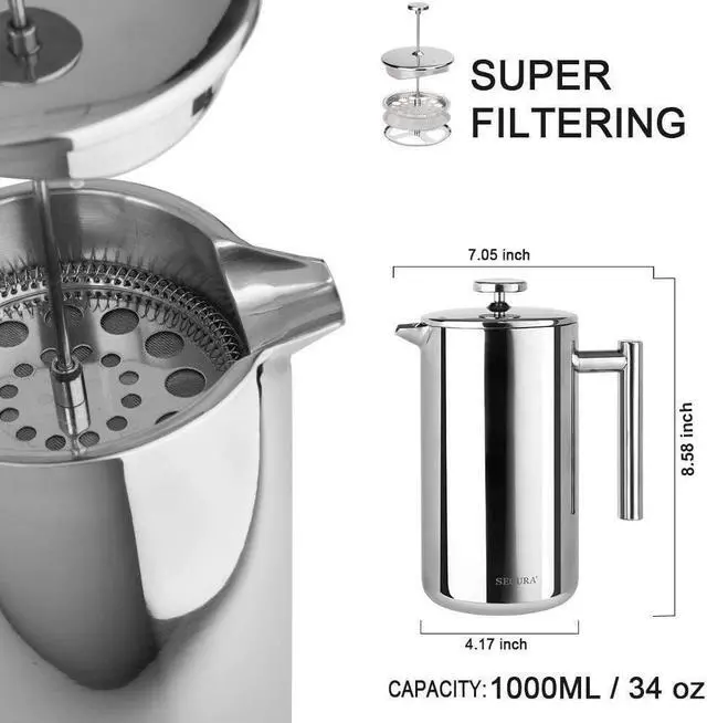 Alt view image 4 of 7 - Secura French Press Coffee Maker, 304 Grade Stainless Steel Insulated Coffee Press with 2 Extra Screens, 34oz (1 Litre), Silver