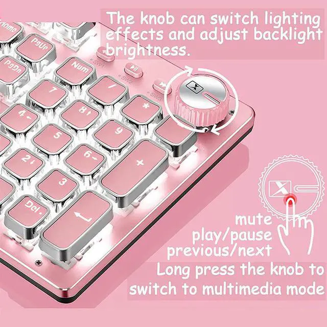 Alt view image 2 of 7 - CC MALL Gaming Keyboard,Retro Punk Typewriter-Style, Blue Switches, White Backlight, USB Wired, for PC Laptop Desktop, Stylish Round keycaps Mechanical Keyboard (Pink)