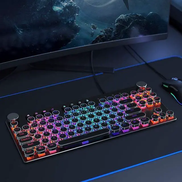 Alt view image 7 of 7 - STOGA Typewriter Gaming Keyboard Mechanical with RGB Backlit Knobs 87 Keys Blue Switch Media Control Retro Round Keys Black