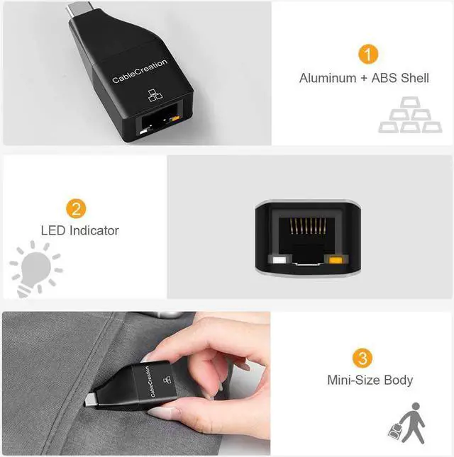 Alt view image 6 of 7 - USB C Ethernet Adapter 1000Mbps, CableCreation USB-C to Ethernet Adapter Type C Network Converter Compatible for MacBook, MacBook Pro/Air 2020 2018, Dell XPS 13/15, Galaxy S10/S20